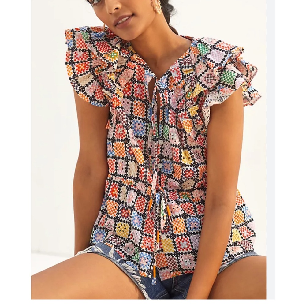 Anthropologie Maeve Granny Square Pattern Blouse XL